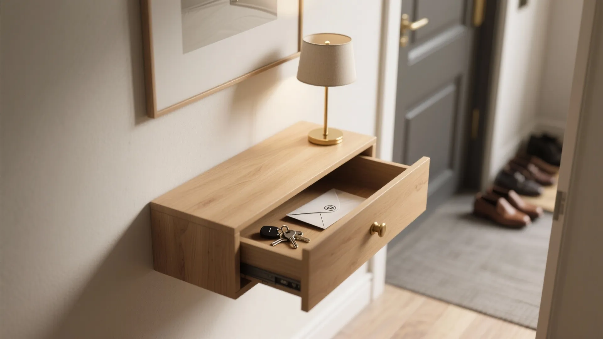 Floating wooden cabinet with an open drawer containing keys and envelope next to small desk lamp