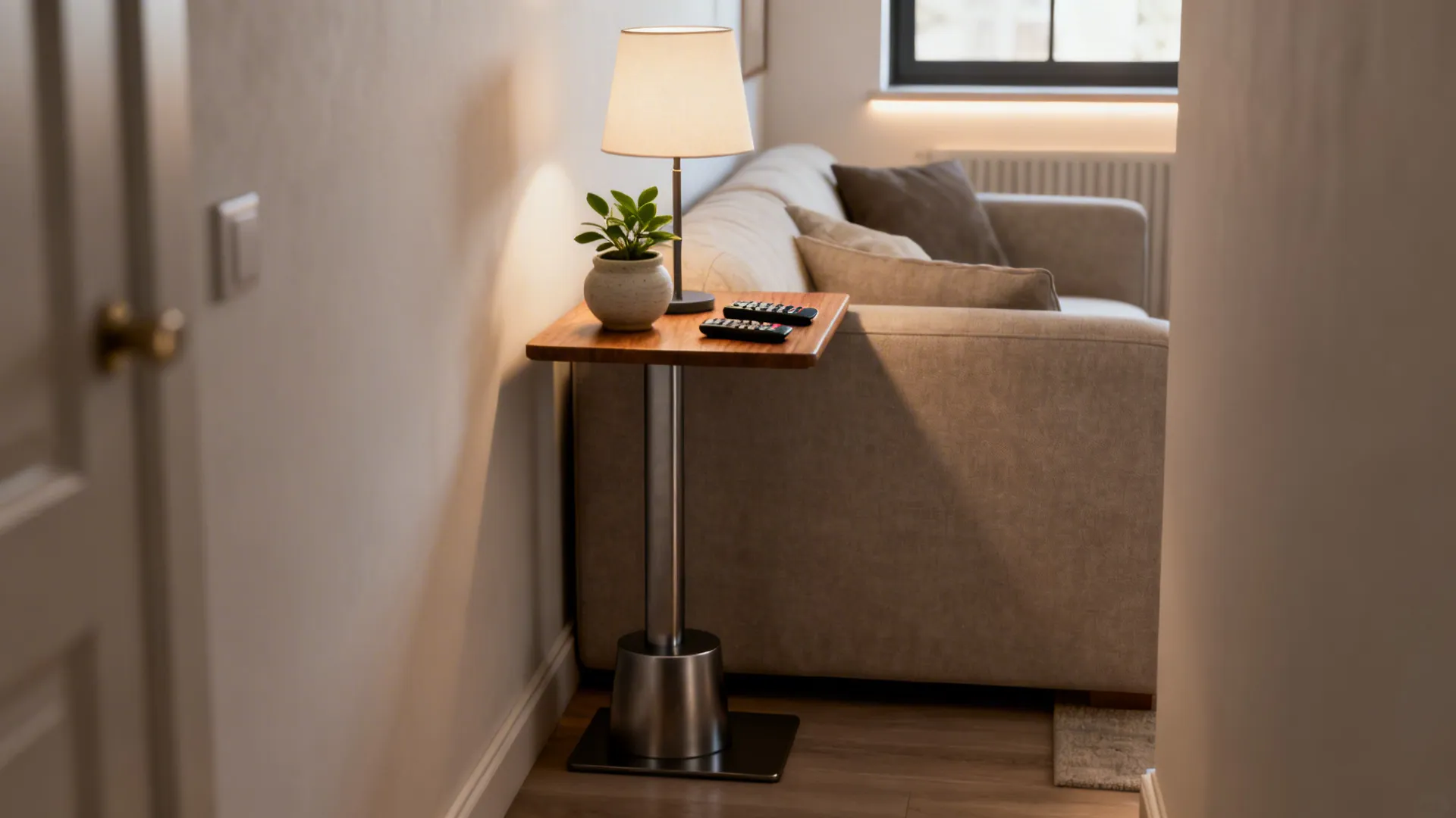 Small wooden side table next to a sofa with a table lamp and potted plant