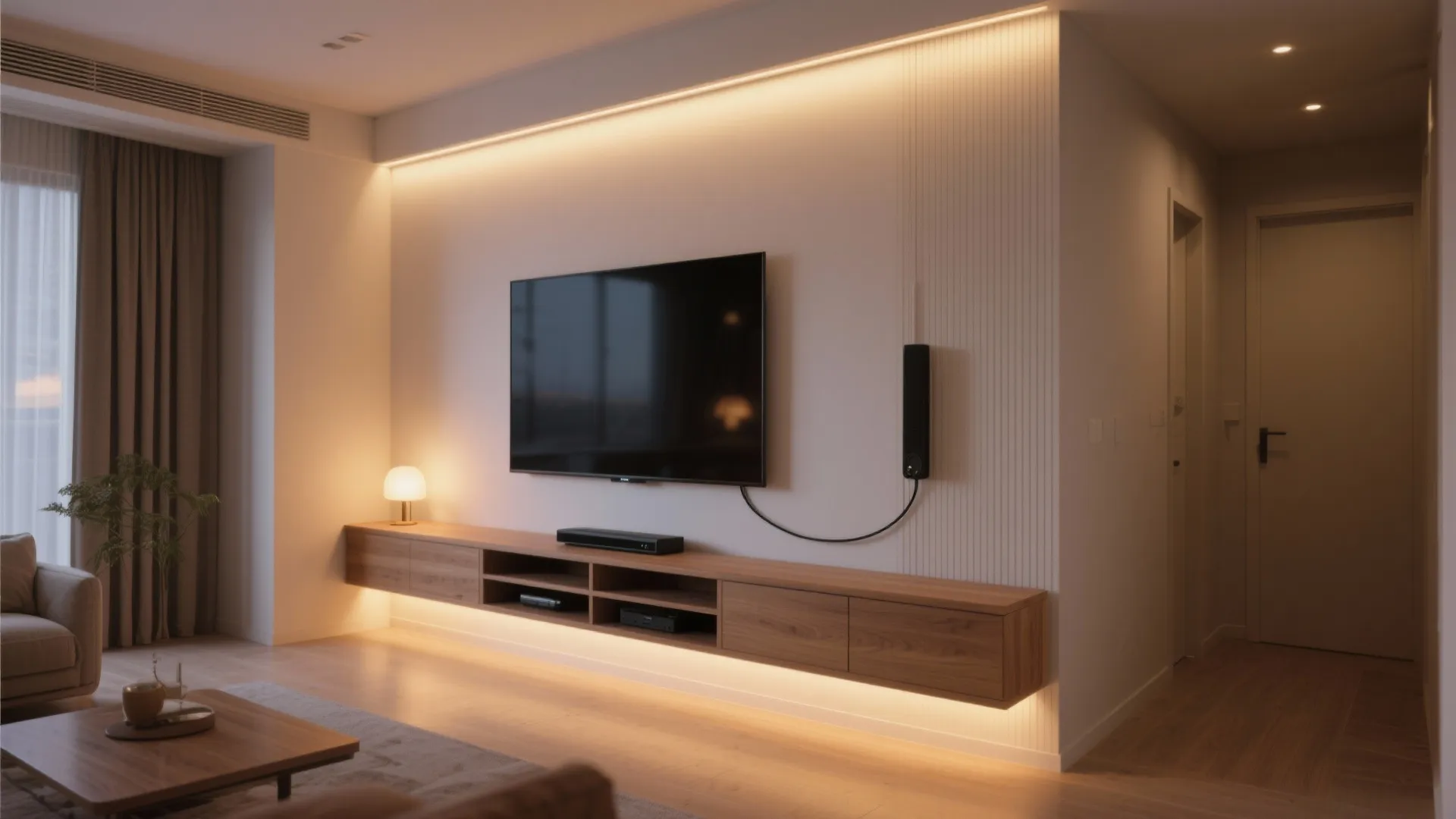 Modern living room with wall mounted television wooden cabinet warm light fixture and white wall panel