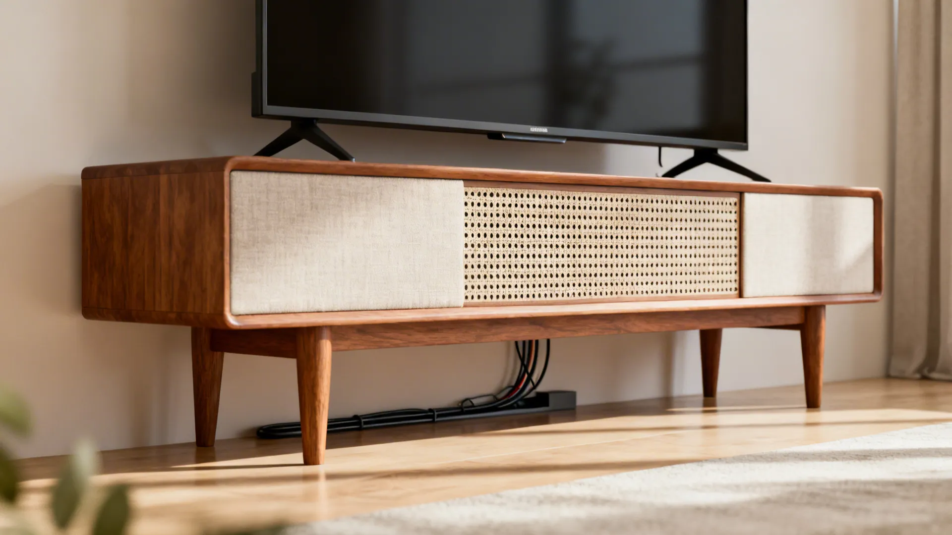 Slim mid-century console on legs with perforated back panel under a TV