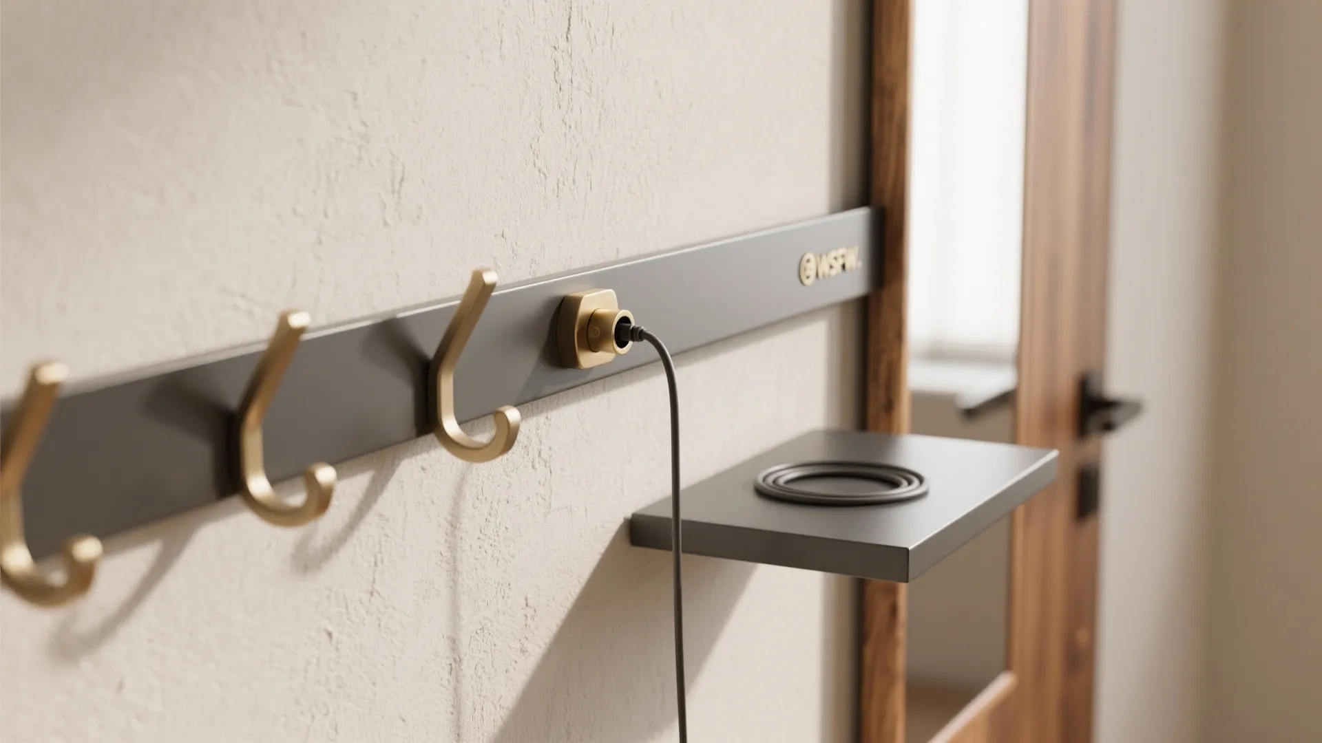 3) Floating console + wall rail system for flexible drops and hooks