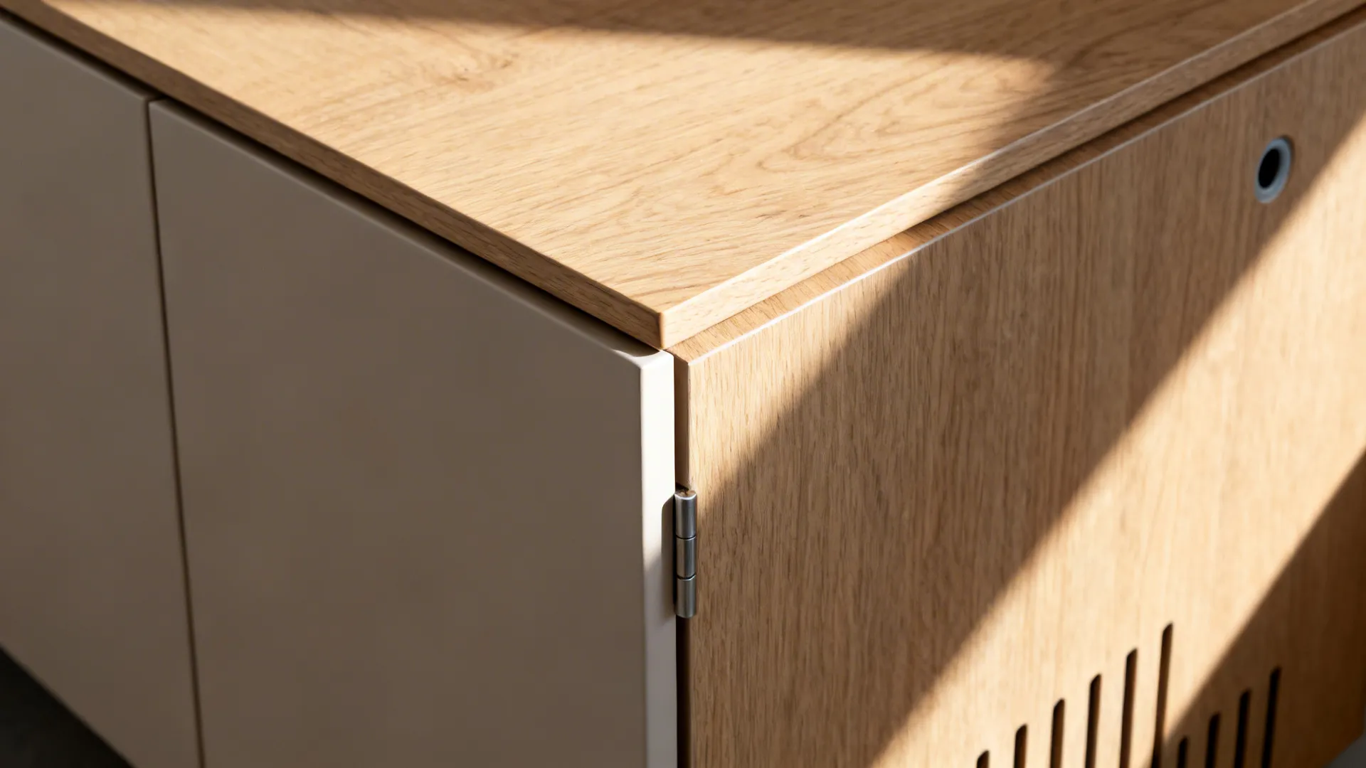 Close-up of oak veneer, soft-close hardware, and cable grommet on a corner console