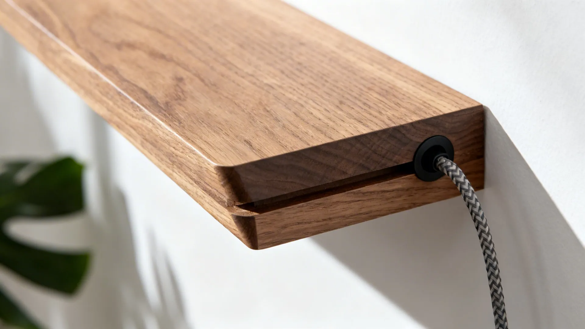 Close-up of a floating oak console with cable grommet and tidy braided sleeve.