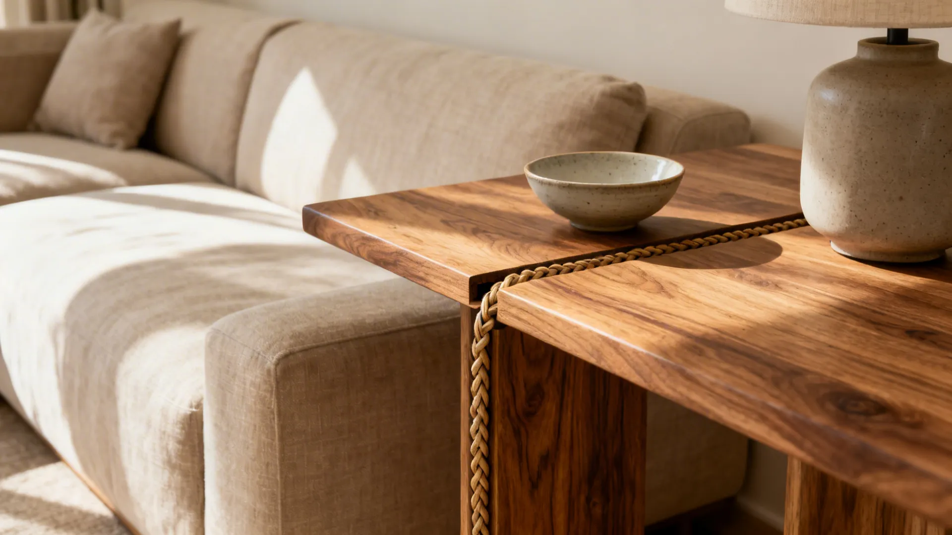 Close-up of oak console behind a sofa showing wood grain, linen fabric, and neat cable channel.