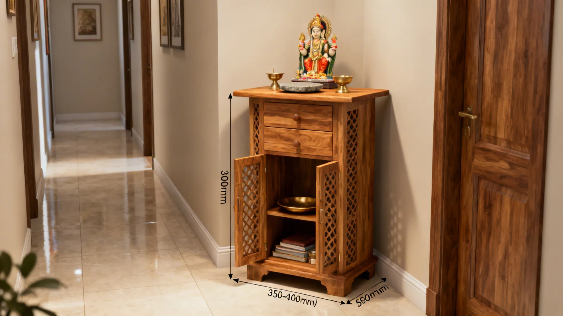 Slim acacia console pooja mandir with jali doors and hidden storage.