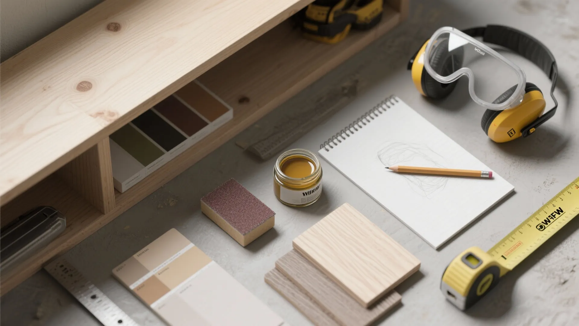 Workspace with wood samples color swatches notebook pencil tape measure ear muffs and small paint jar