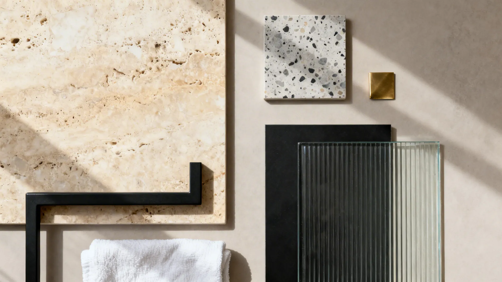 Flat lay of travertine, terrazzo, metal finishes, and ribbed glass for a console basin.