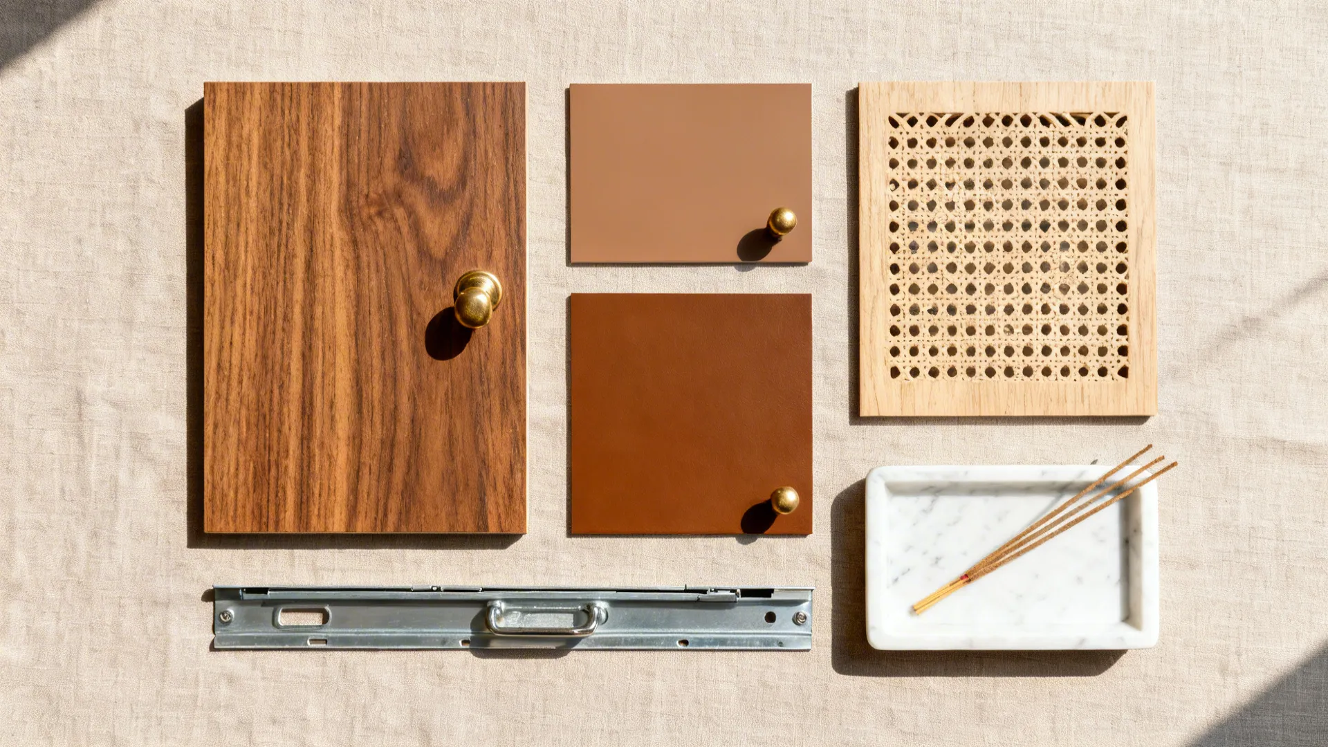 Flatlay of wood veneer, jali lattice, brass hardware, and marble tray.
