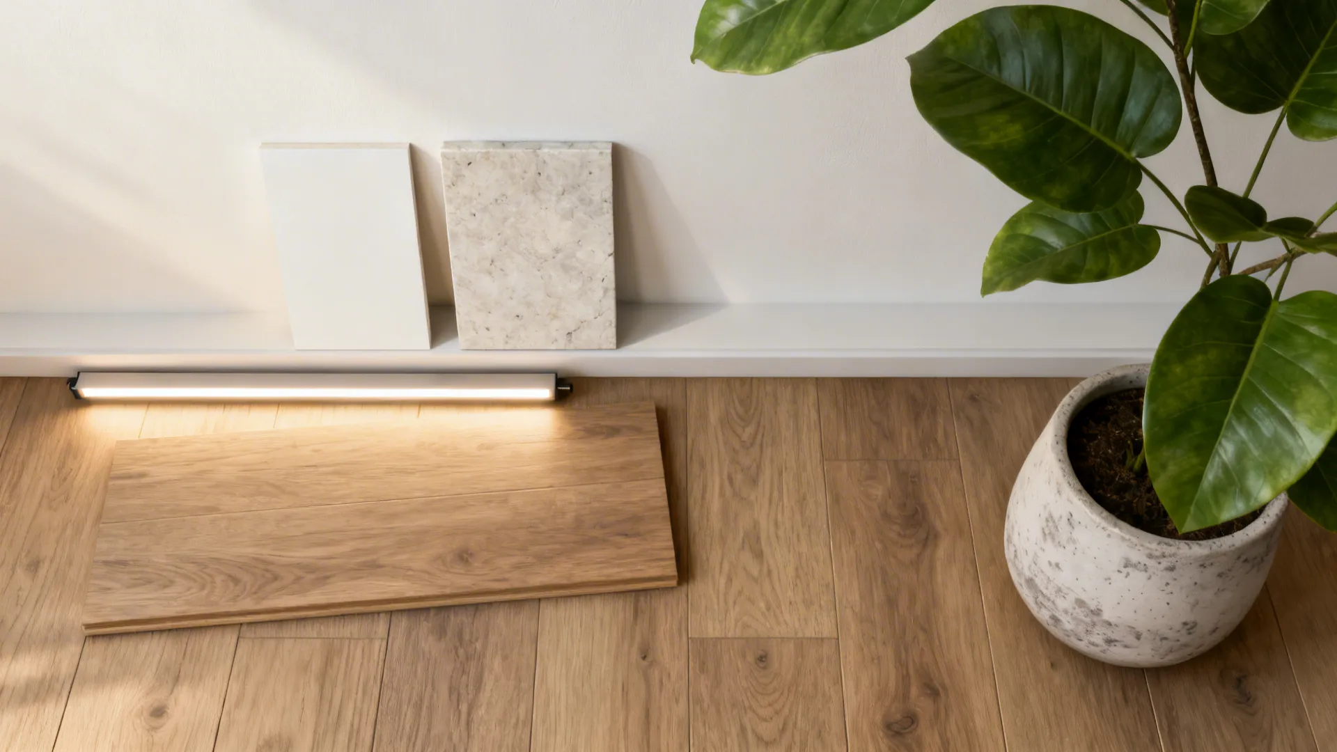 Flat lay of warm white paint, stone cap, oak floor, LED strip, and planter textures.