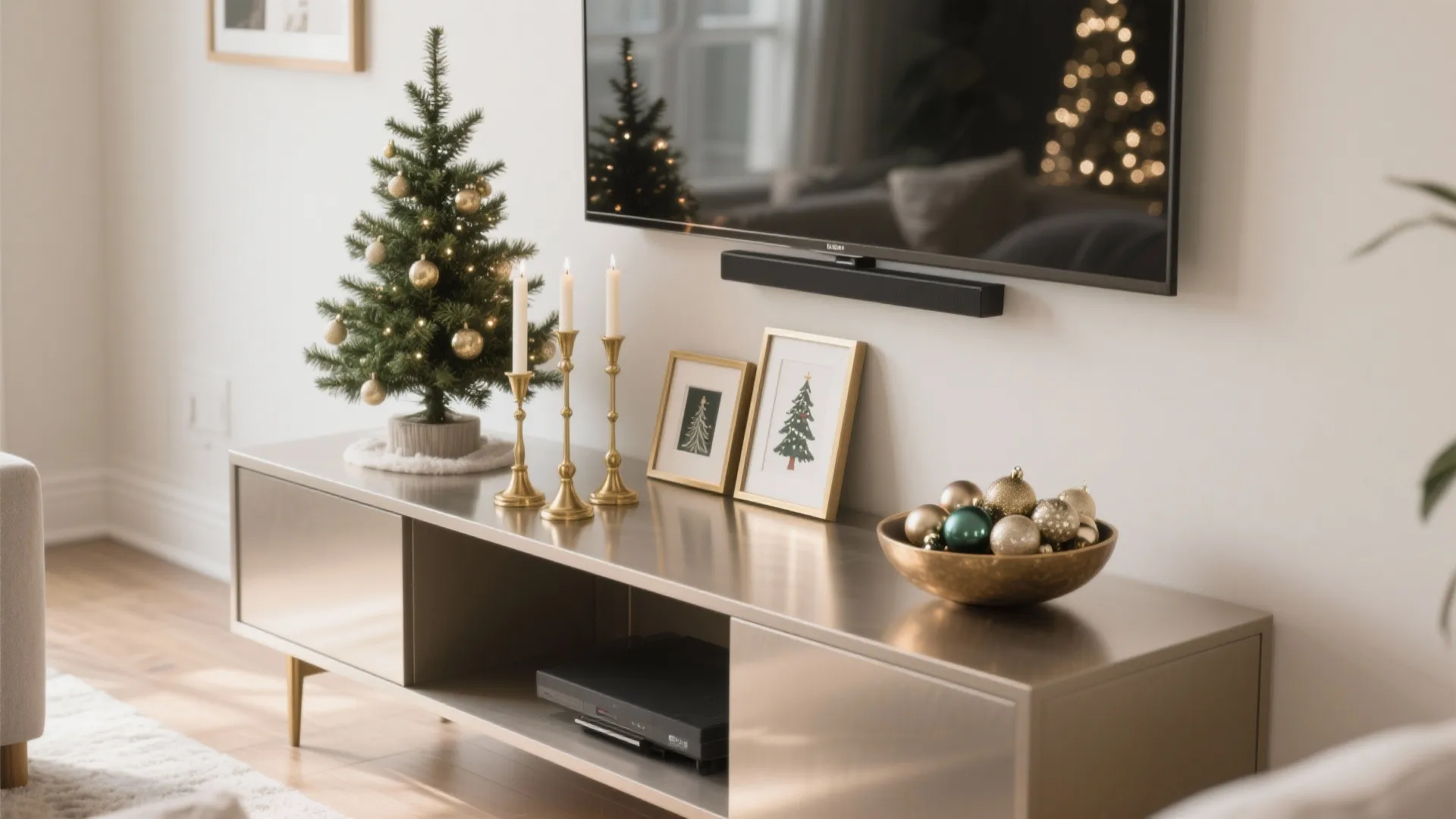 Metal cabinet under a television decorated with small Christmas tree candles and gold picture frames