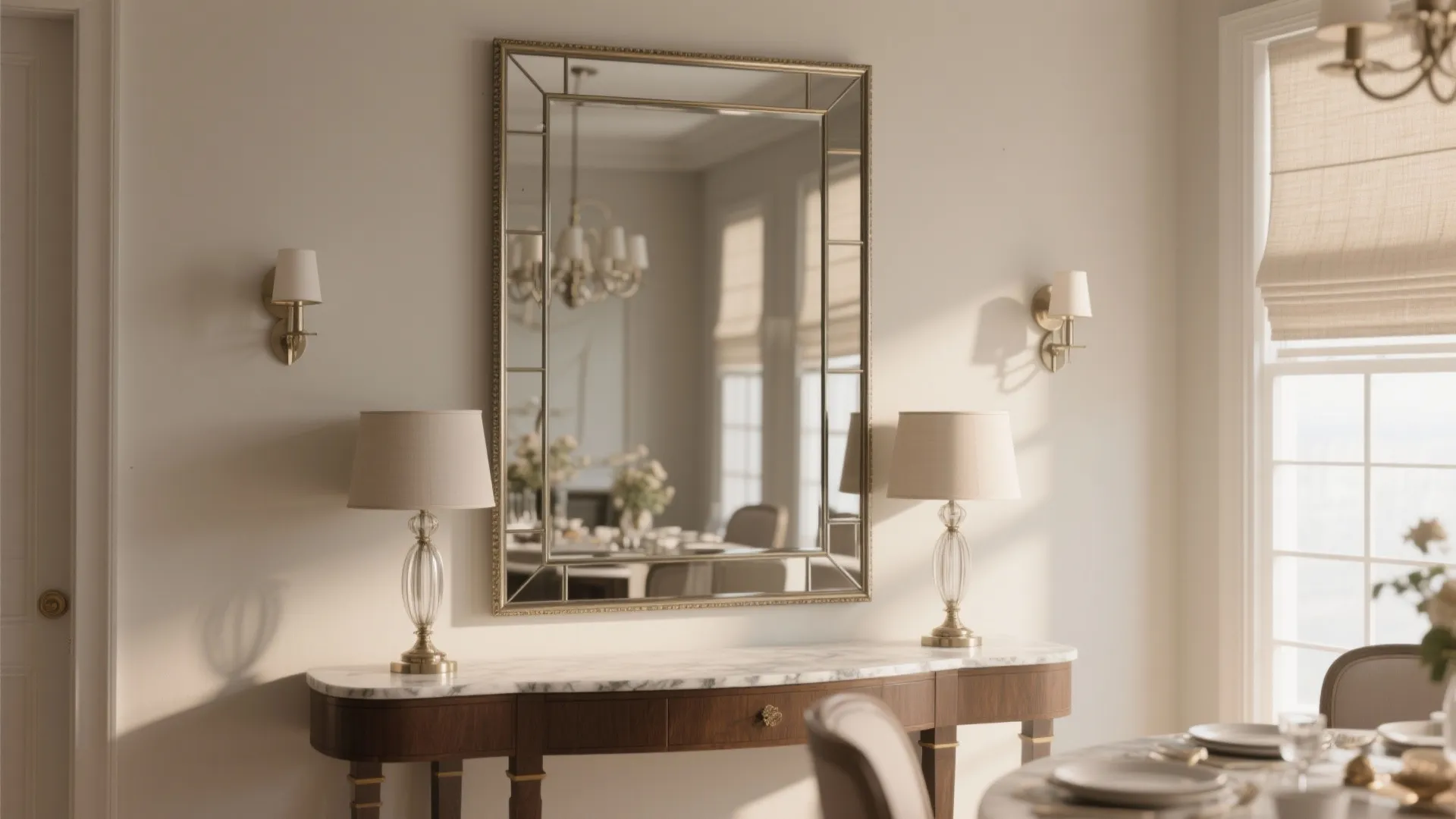 Rectangular mirror with metal frame above a wooden cabinet with marble top and table lamps