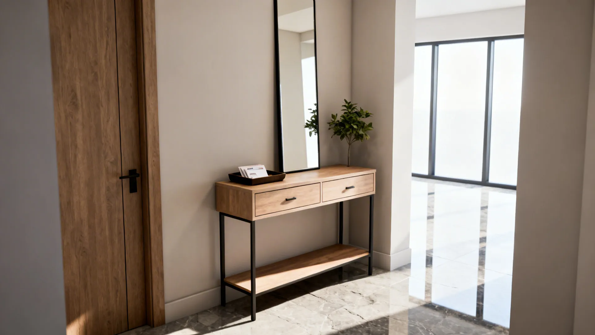 Slim console table with a tall mirror and minimal styling in a compact entryway.