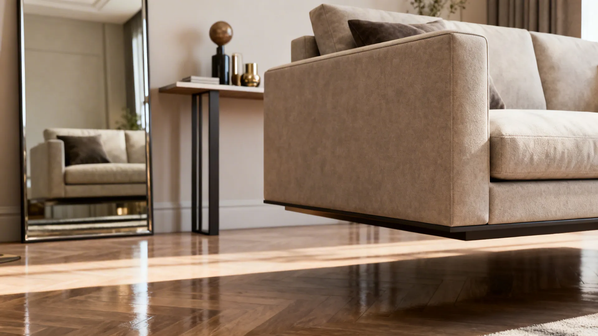 Close up of a modern beige sofa next to a floor mirror reflecting the living room