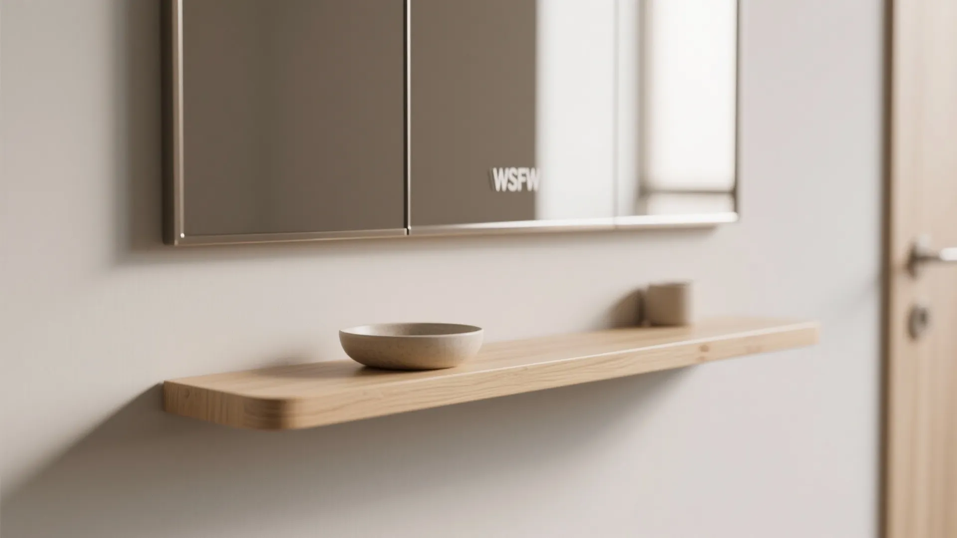 Macro detail of slim console and warm metal mirror frame aligned to door headers.