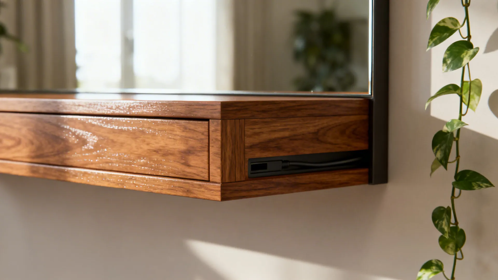 Macro of oak floating console with concealed cable cover beside a mirror reflecting daylight.