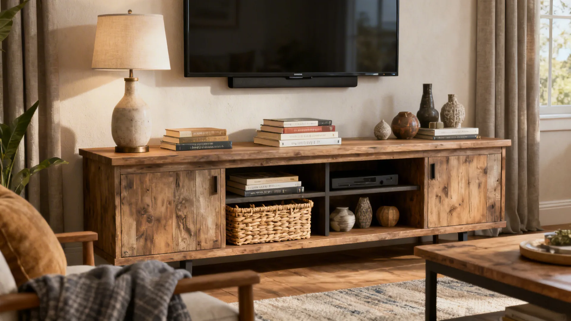 Console table under a TV with lamp, books, decorative objects and a woven basket