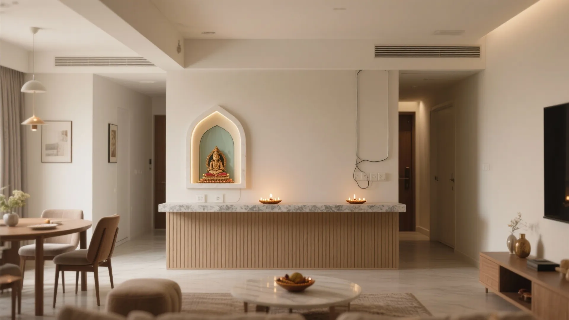 3) Half-height console wall with niche shrine