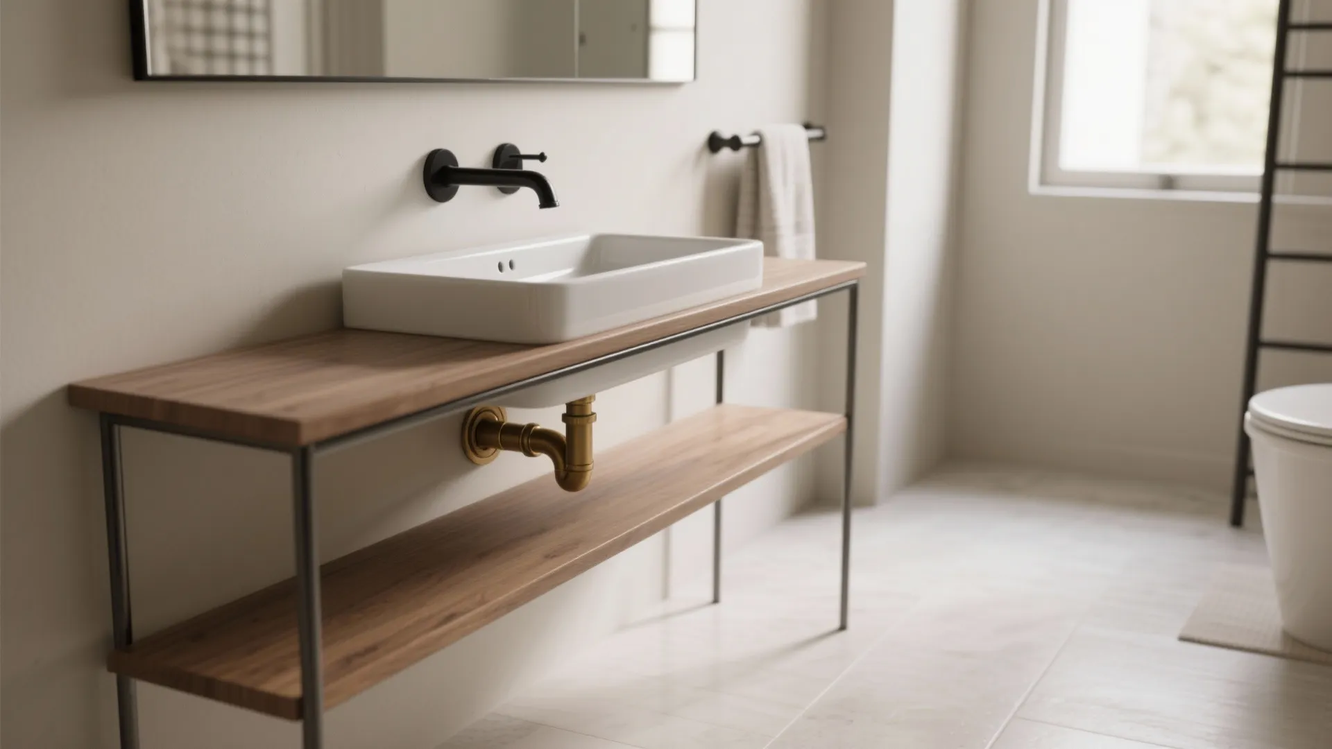 Minimalist bathroom with white rectangular sink wooden shelf black wall tap and gold pipe visible now