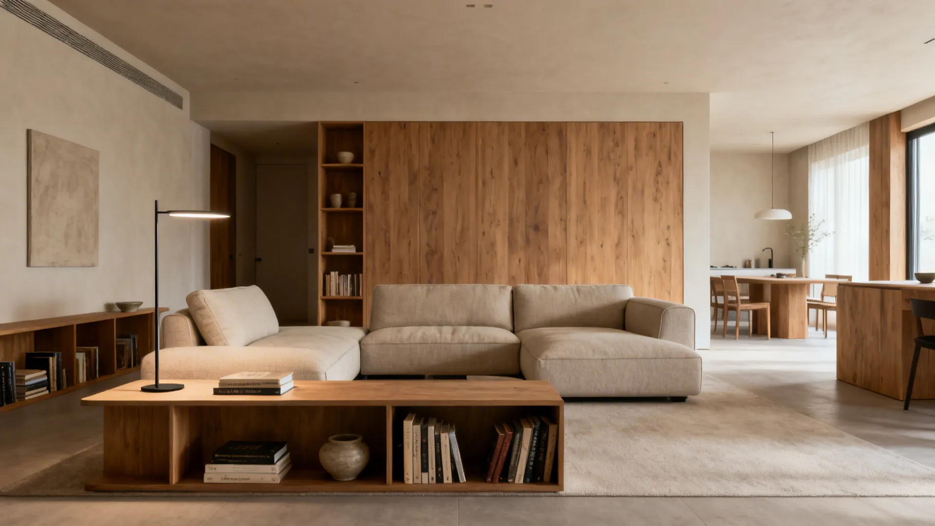 Low console and open shelving behind a sofa defining an open-plan living zone with lamp and minimal decor