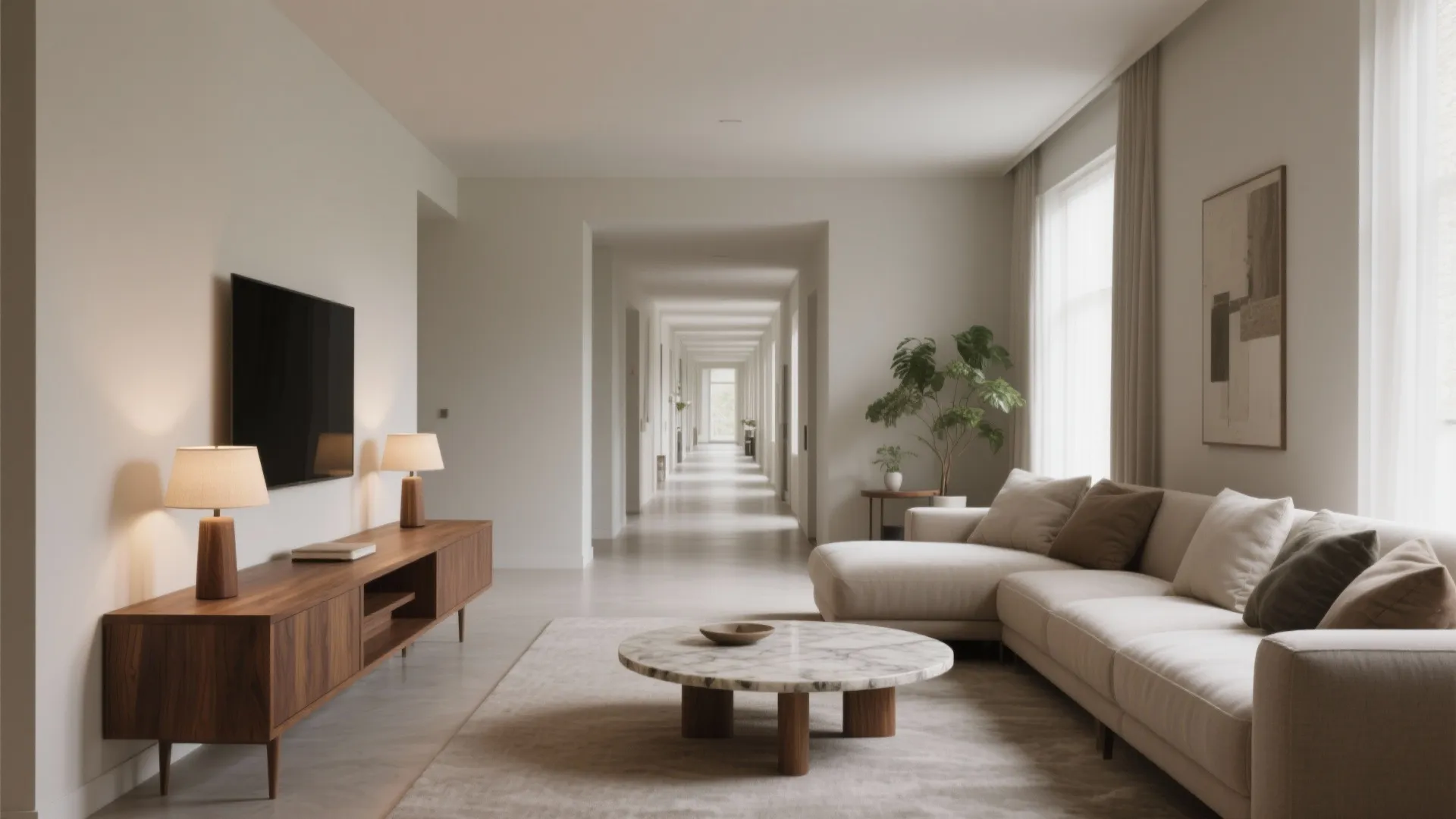 5) Slim consoles, rounded ovals, and warm mixed materials