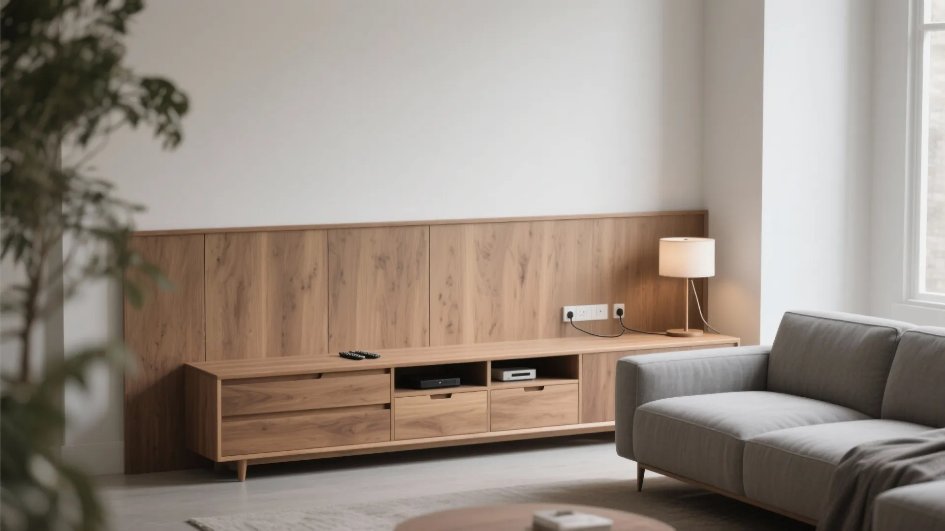 Modern living room with wooden cabinet, wall panel, small table lamp, and comfortable grey sofa
