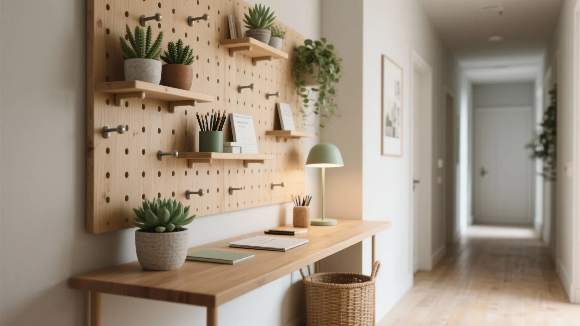 3. Narrow console desk with vertical pegboard storage