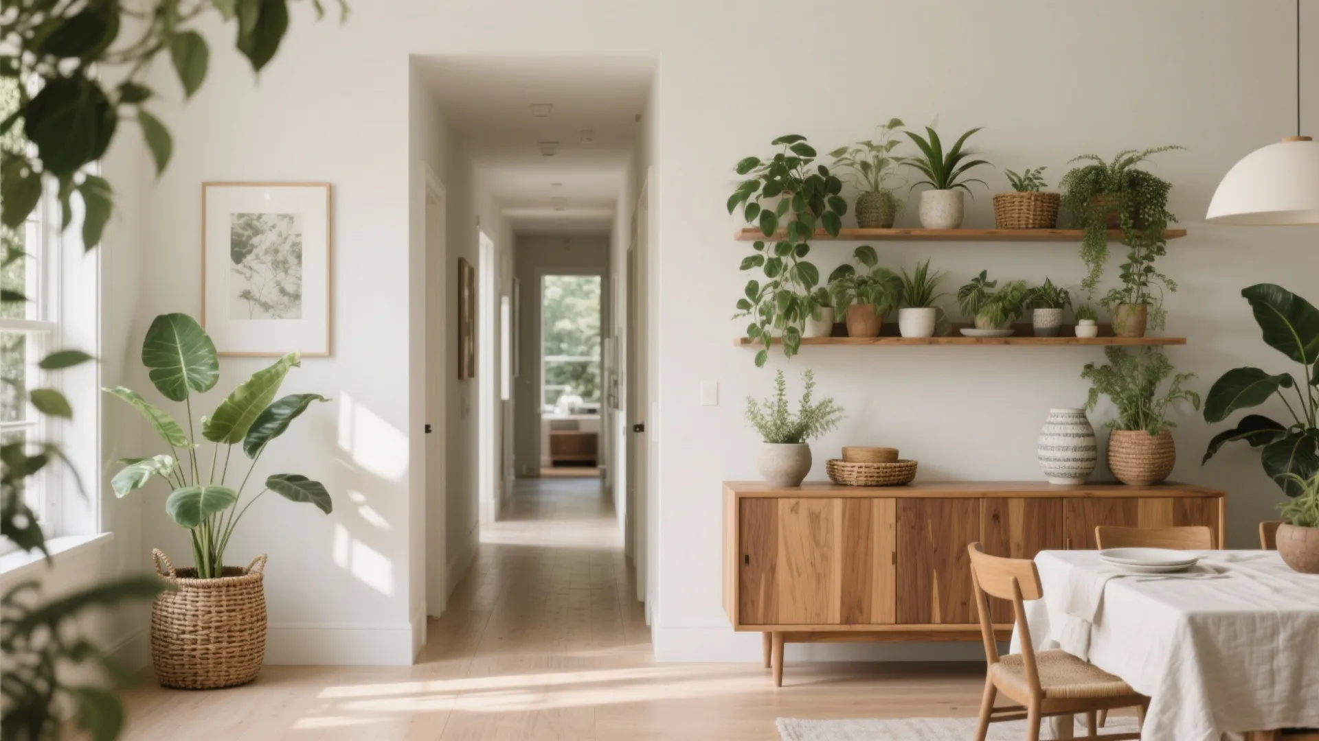 Half-height console with planter shelf creates a soft divider between hall and dining while keeping sight lines open.