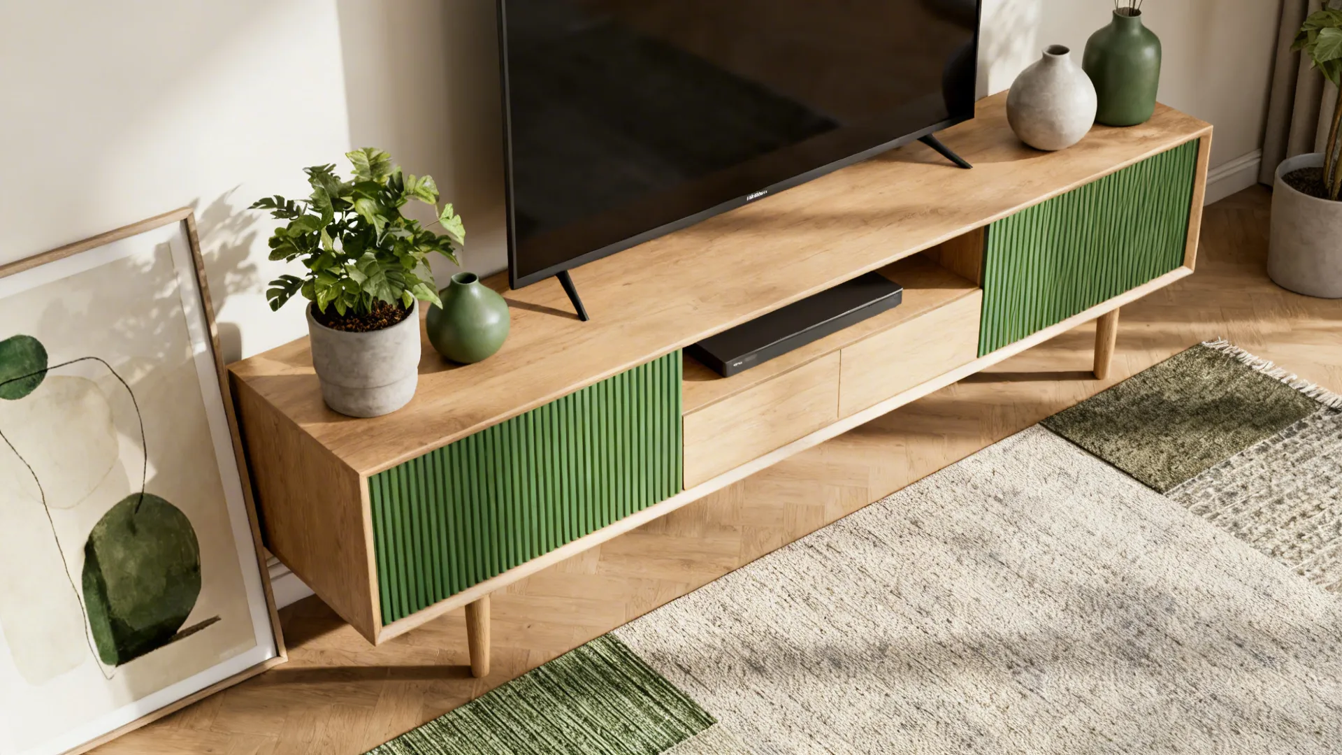 Low-profile media console styled with plants and artwork to soften a TV presence