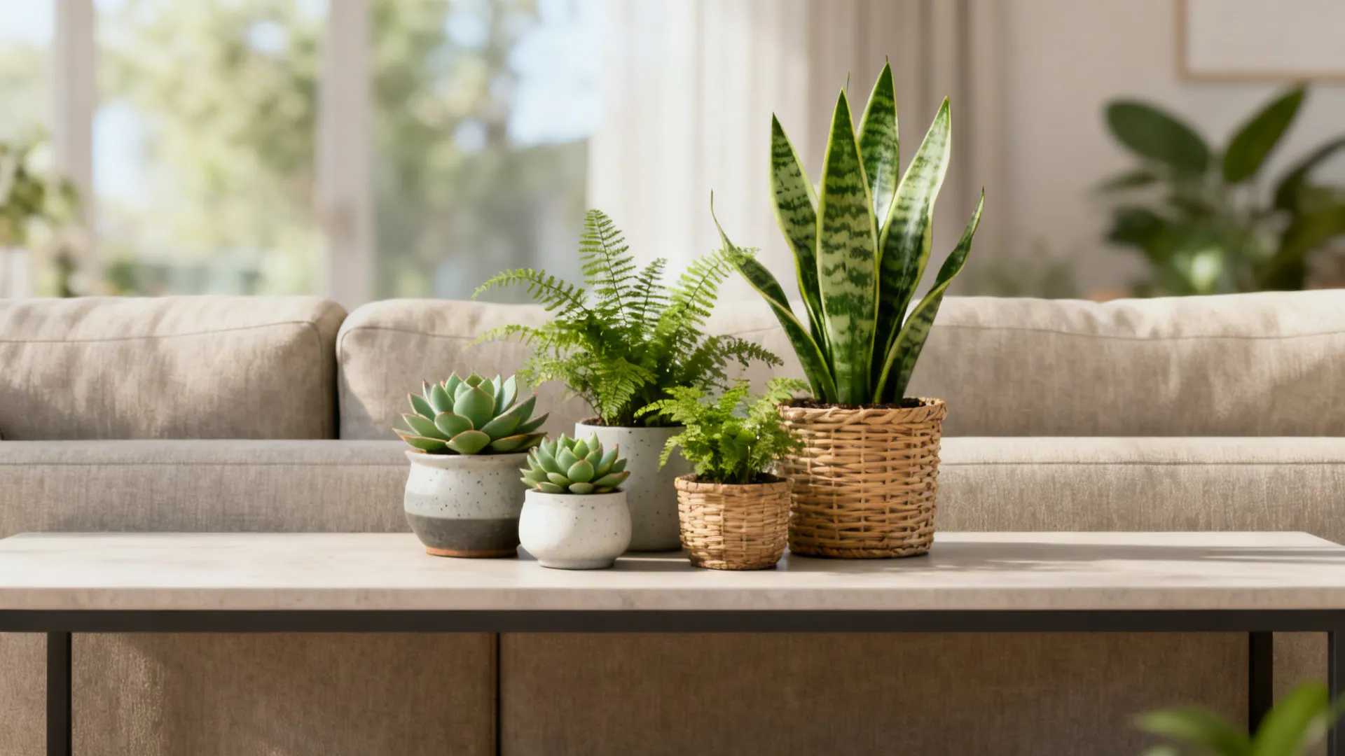 Console table behind a sofa with a curated cluster of small pots including succulents and a tabletop snake plant.