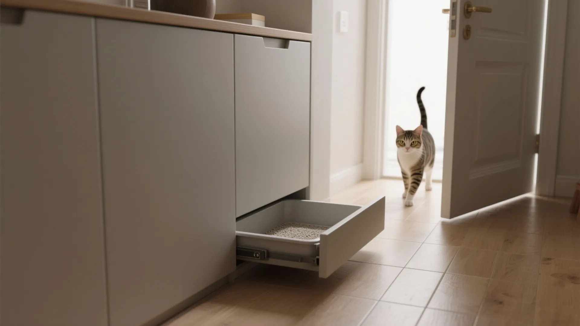 Modern grey cabinet with a pull out drawer next to a cat walking through door