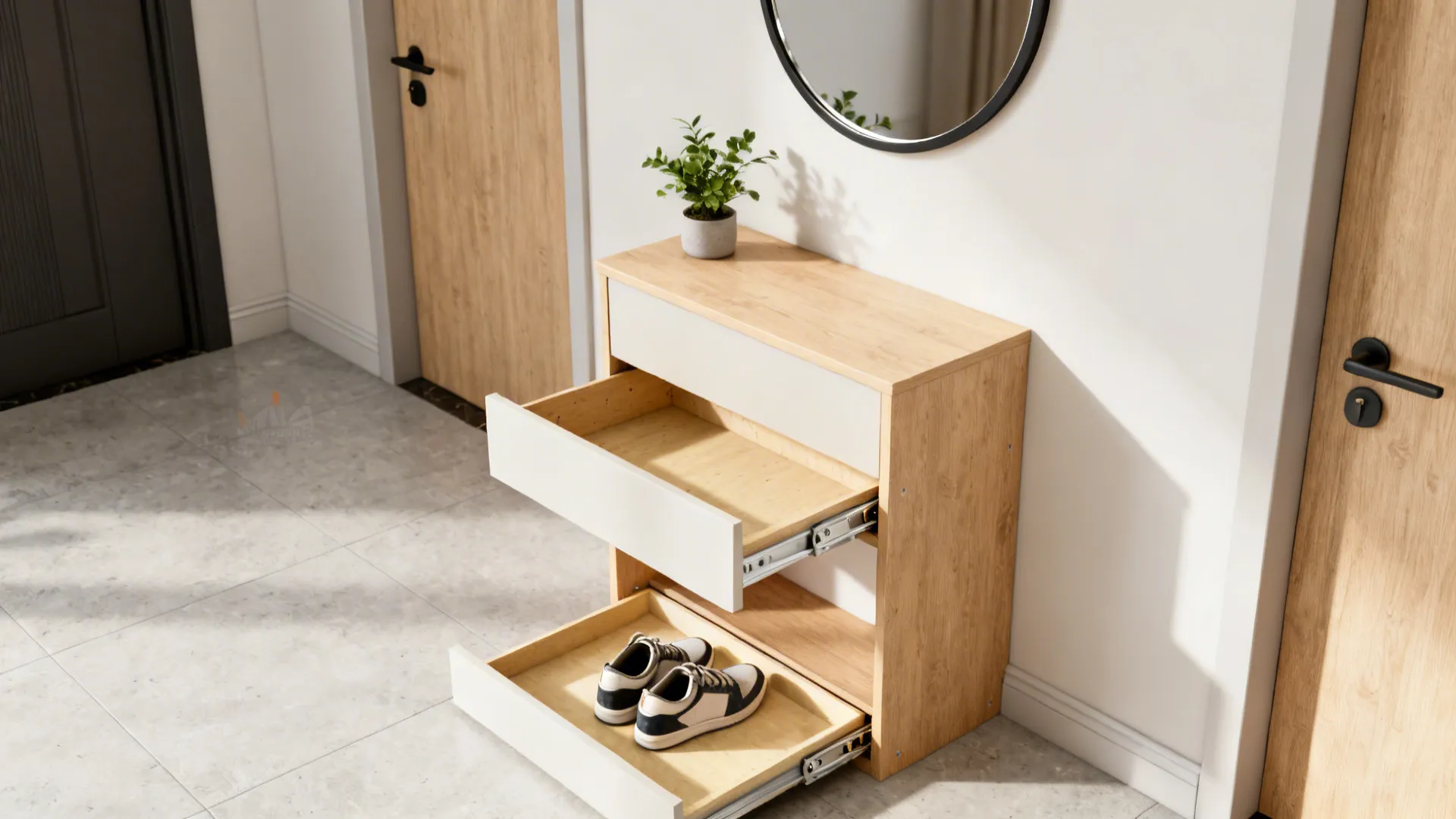 Low console with shallow pull-out shoe drawer and mirror above in a small entryway