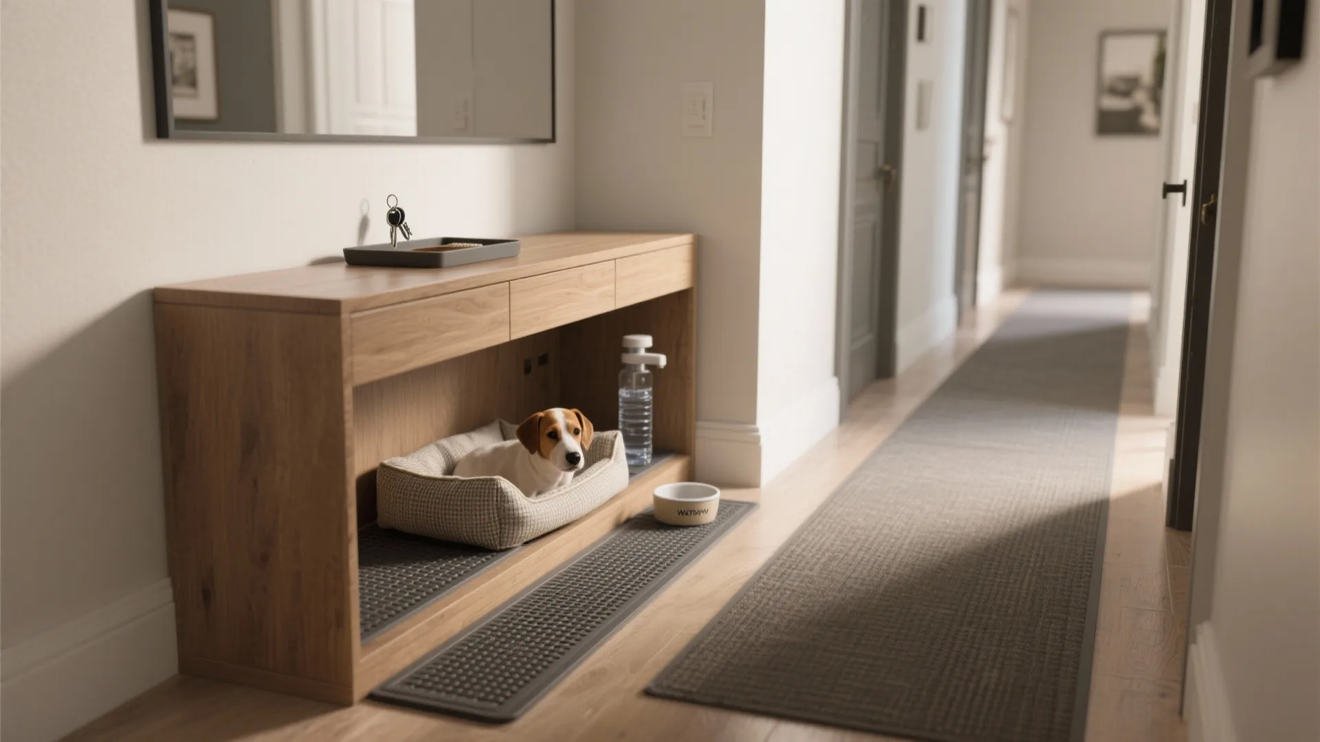 Built-in pup nook under a console