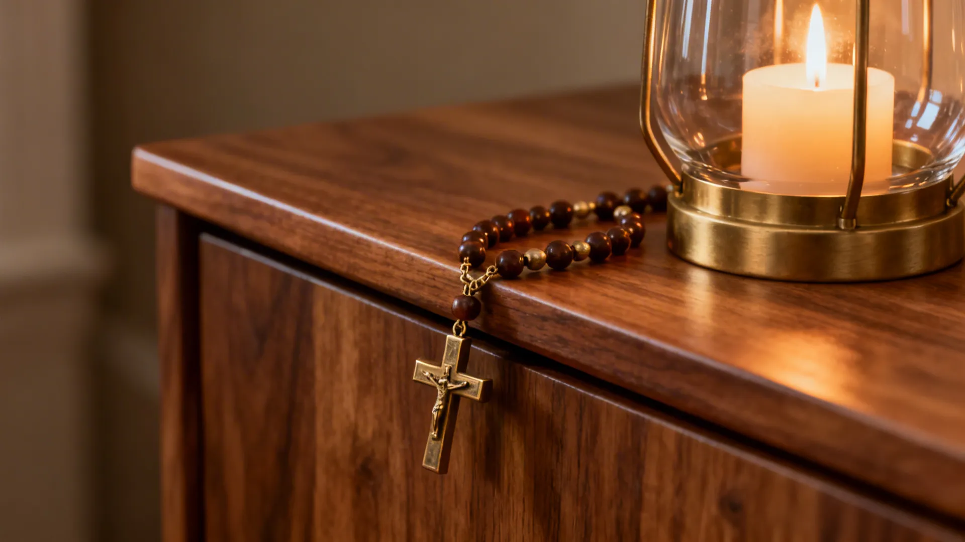 Macro of rosary and glass hurricane candle on a warm wood console.