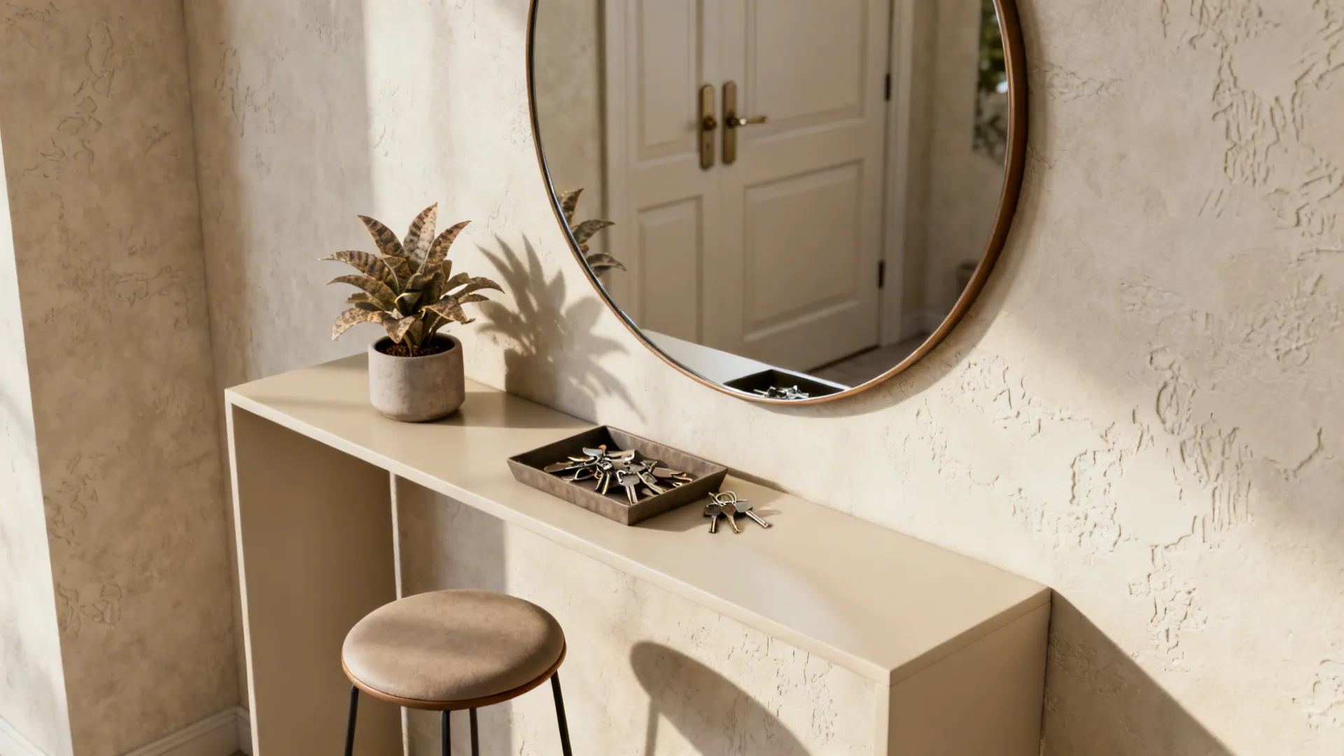 Console table with a round mirror hung above, angled to reflect the entryway delicately