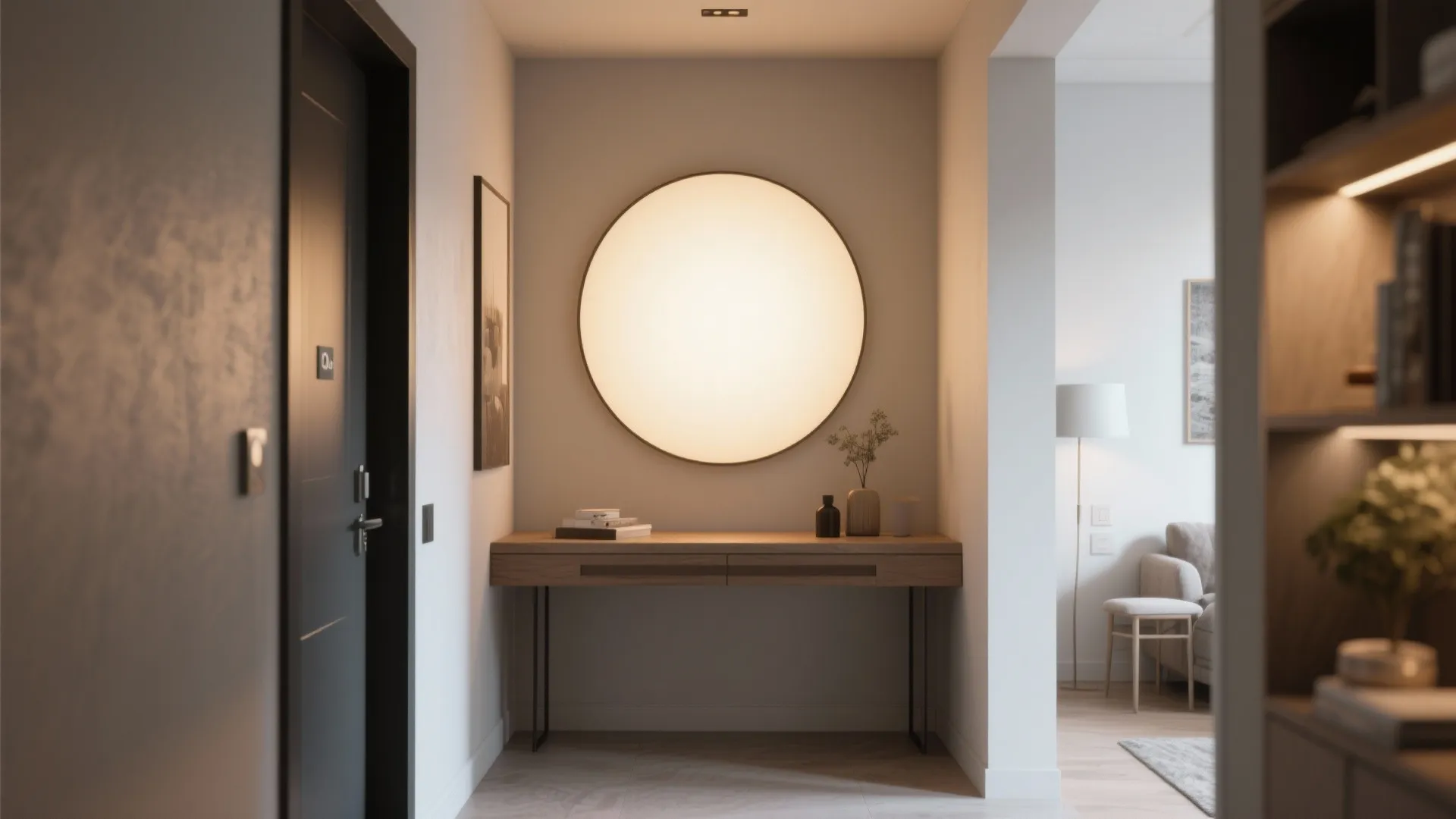 1. Use a large round wall light as a focal point above a slim console