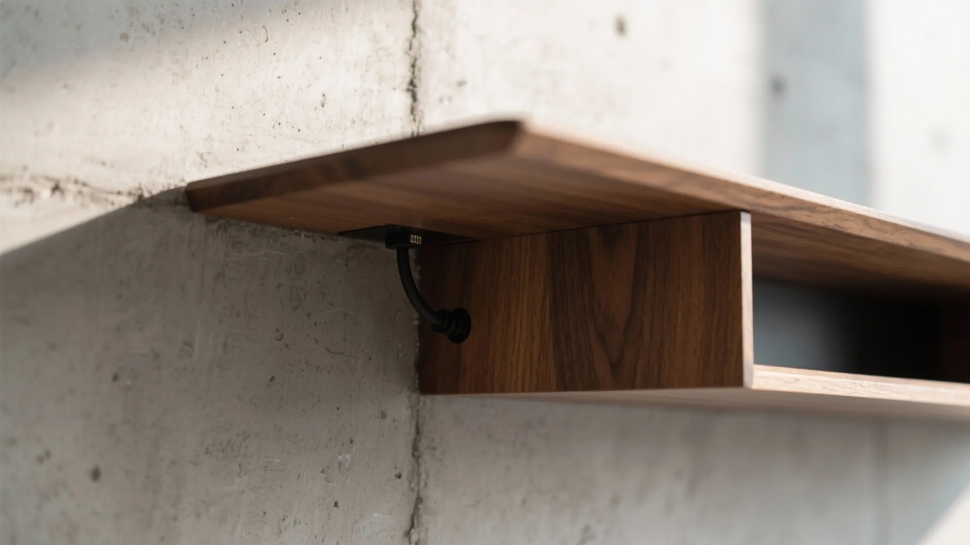 Close-up of floating console shadow gap and cable grommet against cement wall.
