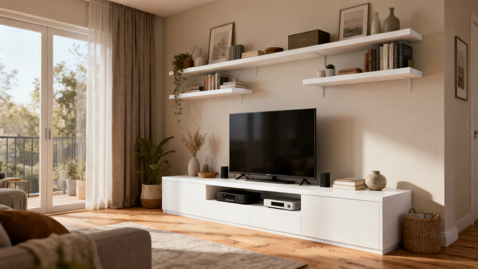 Modern living room with white cabinet below television and wall shelves holding books and plants