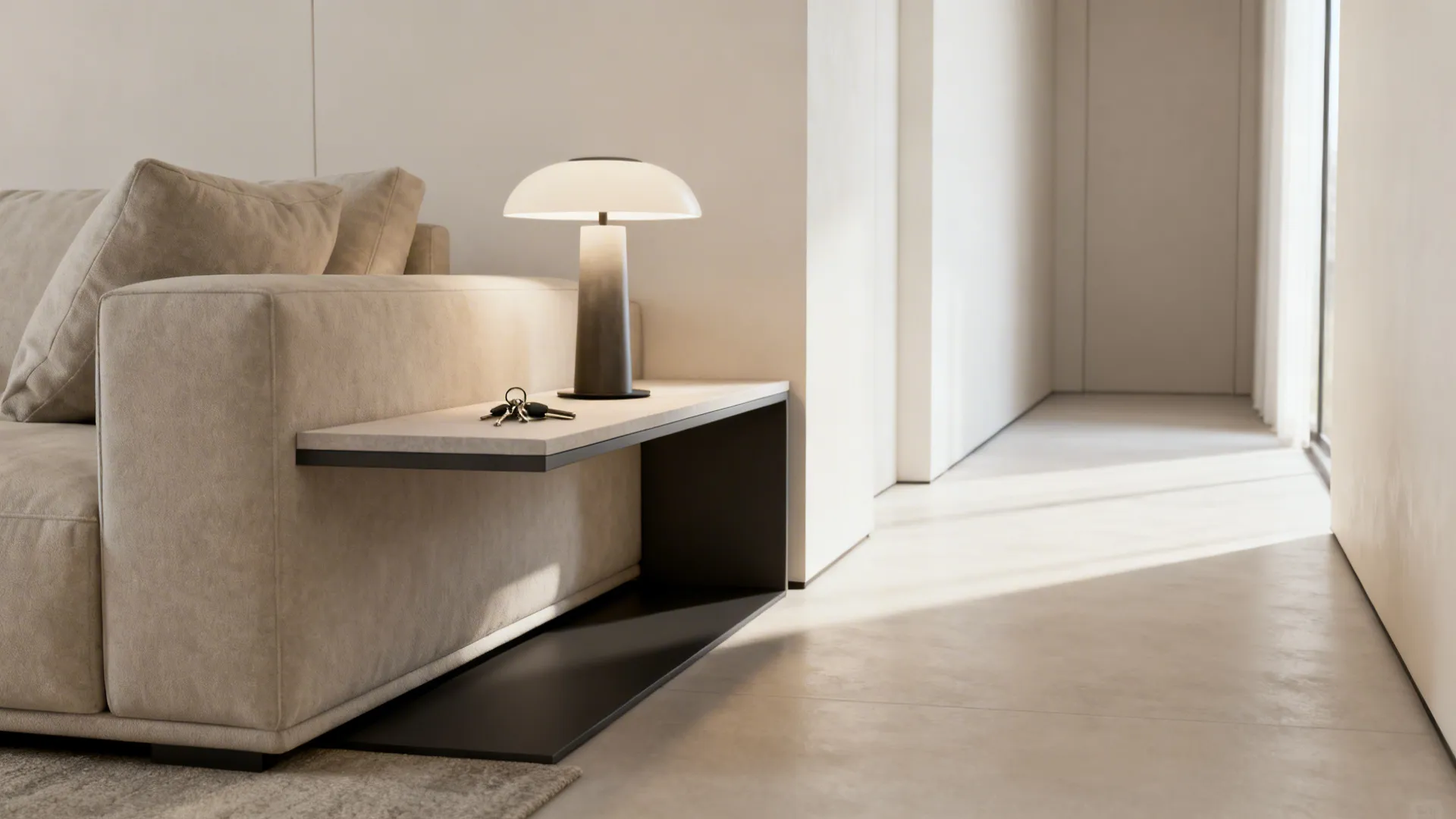 Narrow console behind a sofa used as a side table with lamp and keys