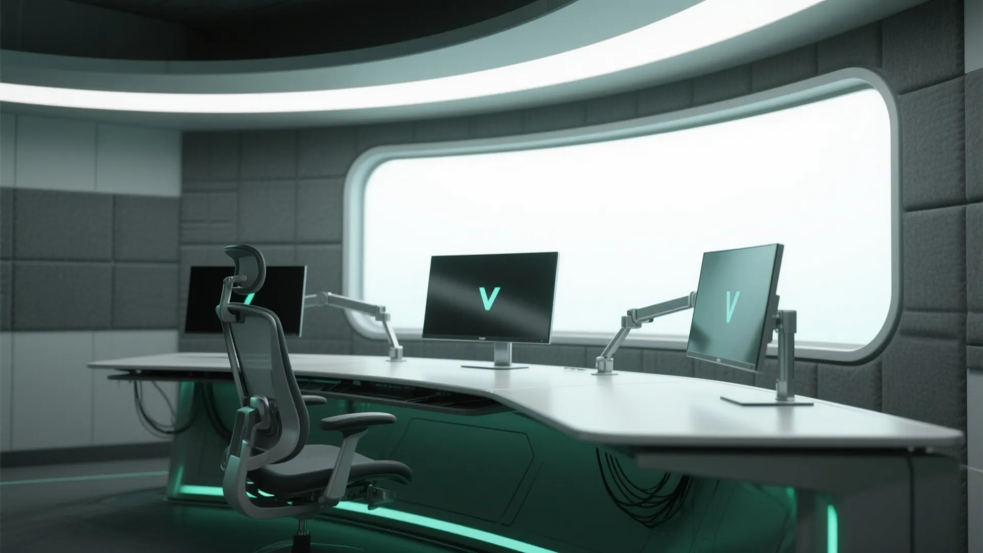 Futuristic office space with a curved white desk three computer monitors and one grey chair
