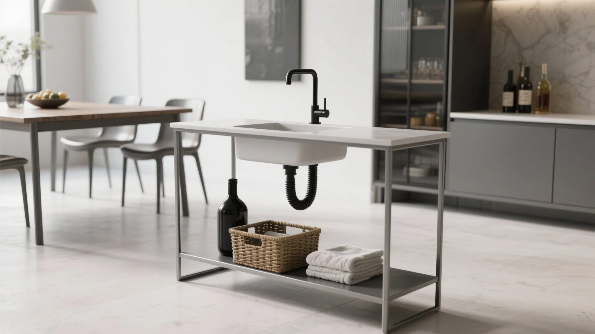 Modern kitchen interior with white sink on metal frame black faucet dining table and chairs