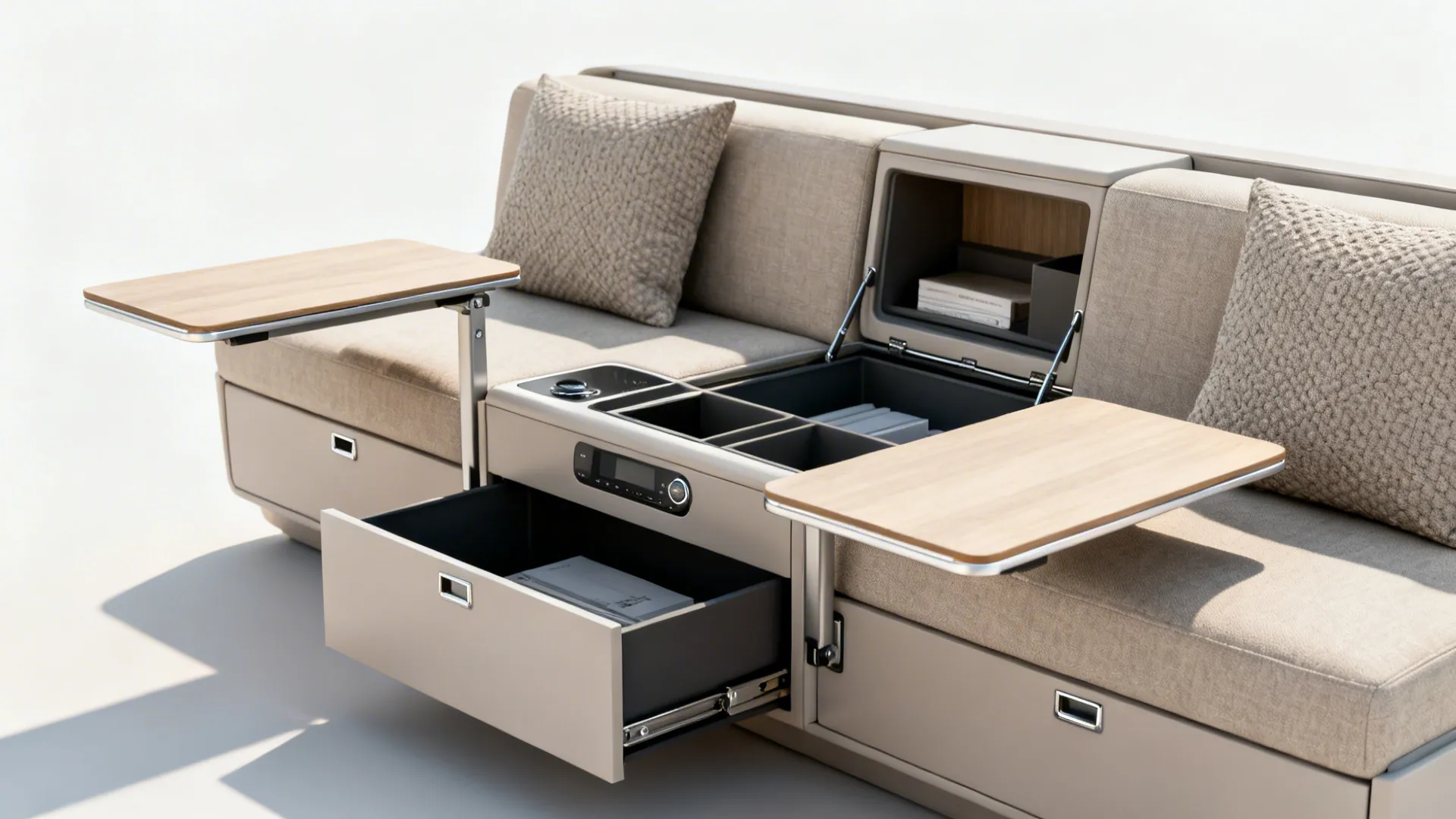 Multifunctional console sofa with hidden storage and foldable side tables in a small living room