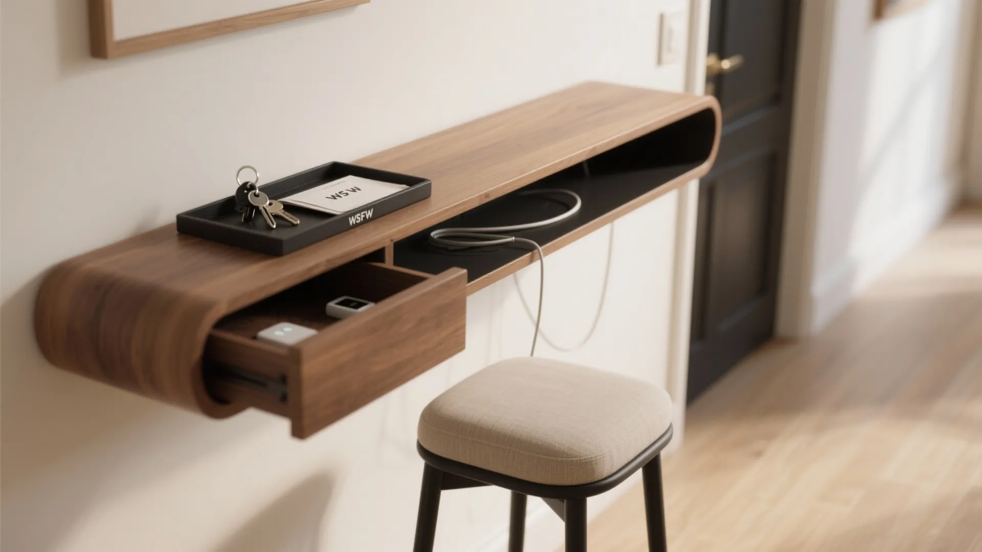 Slim console + tuck-in stool