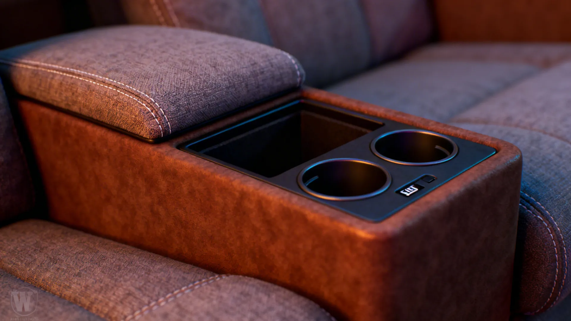 Close-up of recliner center console with storage, cupholders and USB charging port.