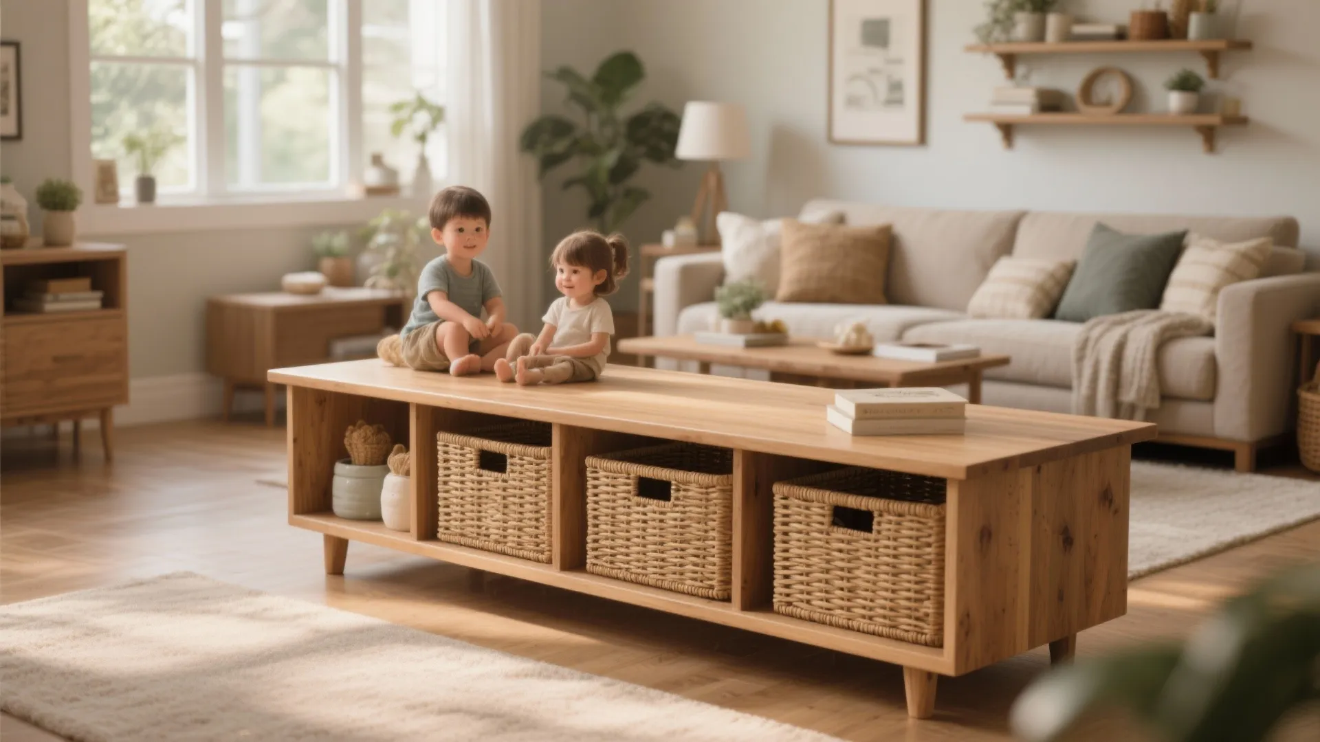 Console table with matched woven baskets in living room