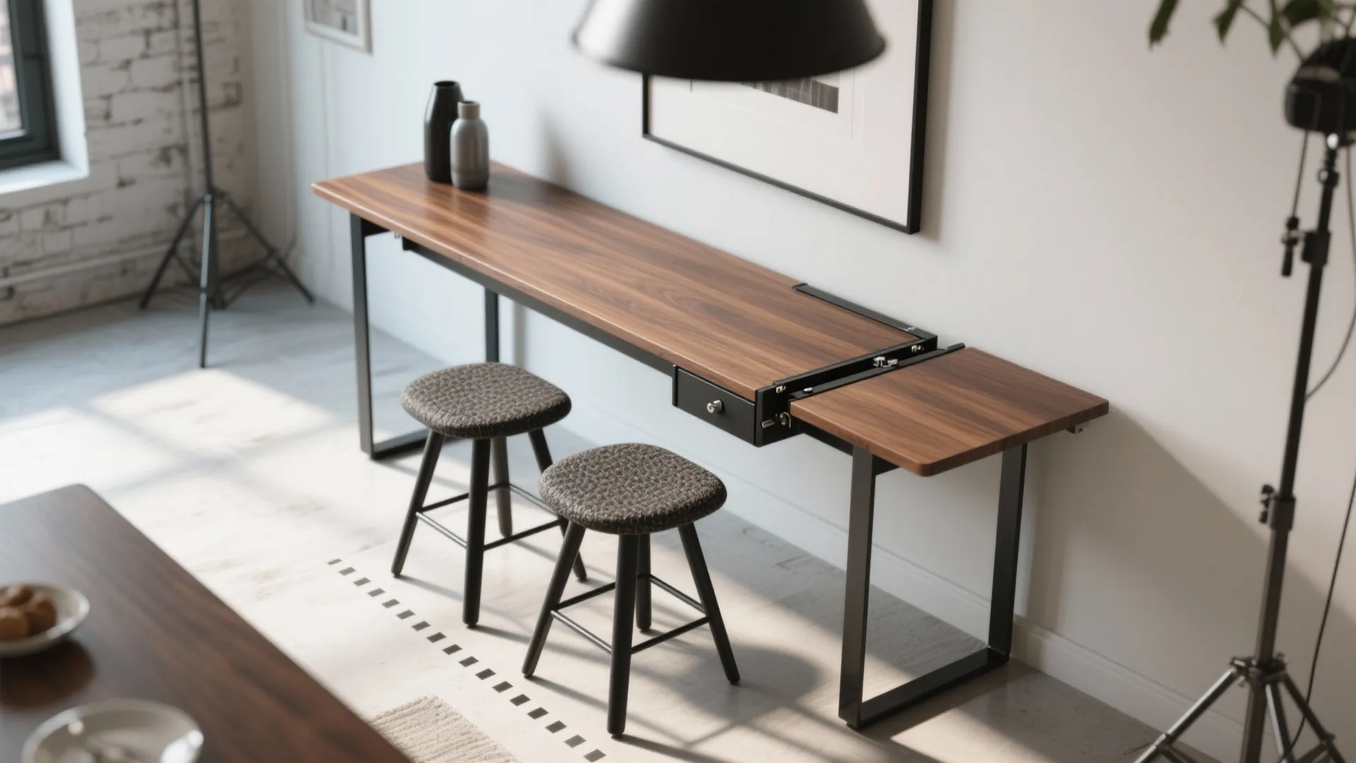 Modern narrow wooden console table with two stools against white wall in a bright room
