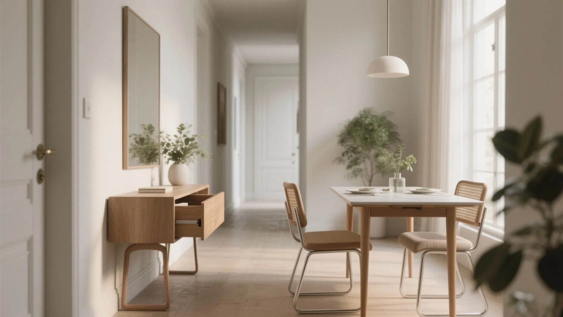 Entryway console converted into a drop-leaf dining table with a shallow drawer and folding chairs tucked nearby.