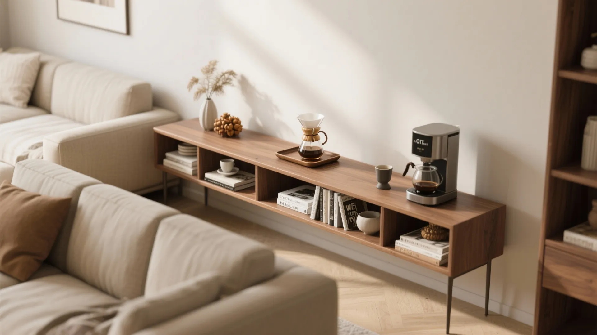 Wooden cabinet with coffee maker and books placed behind a beige sofa in living room