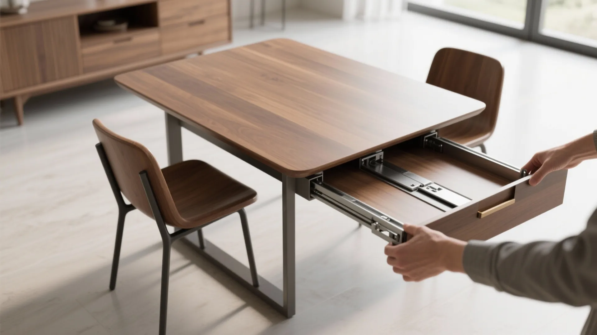 Person hands extending a dark wood dining table using a metal sliding track with chairs
