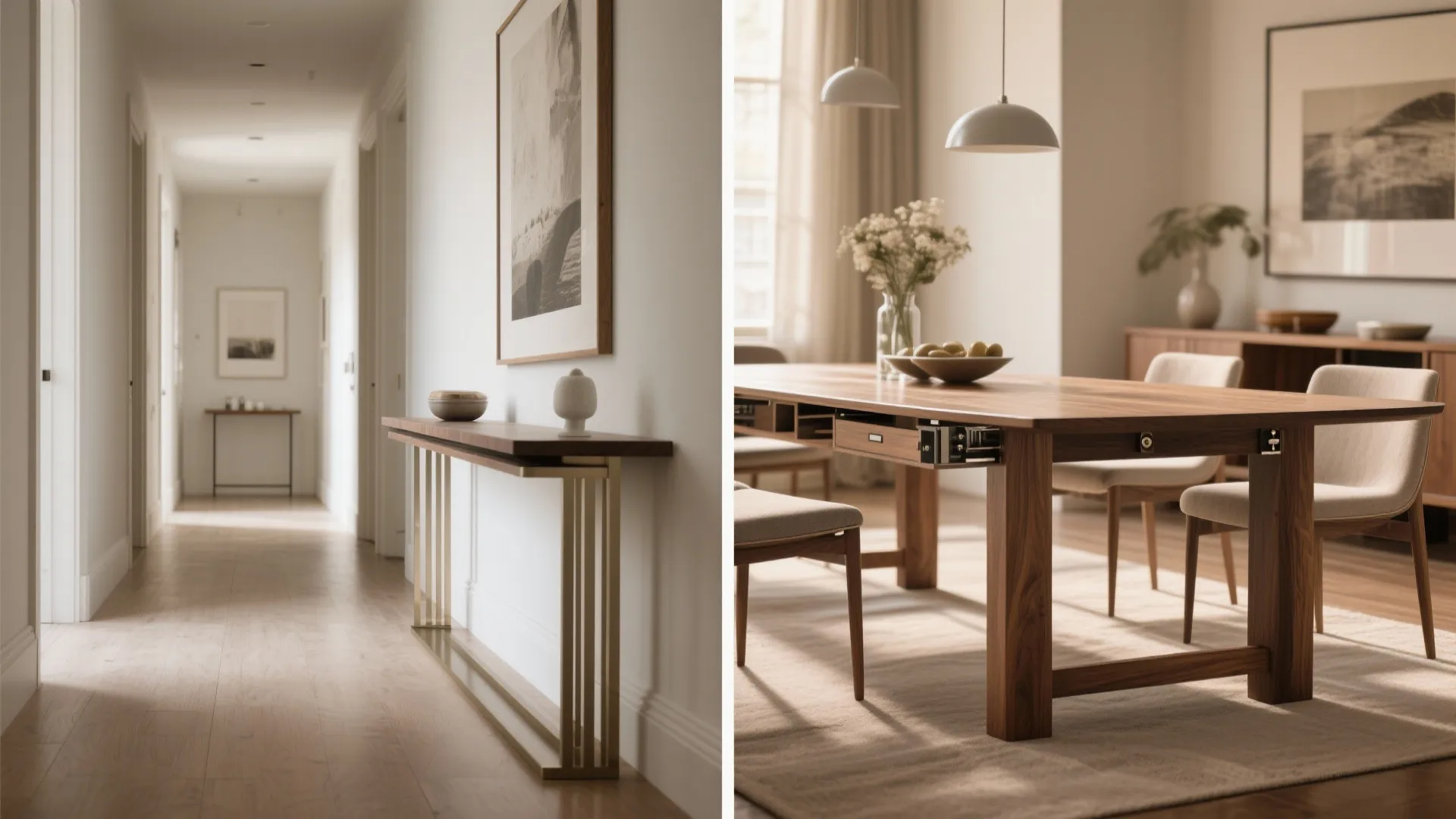 Slim console converted into a dining table in a narrow apartment, showing before and after.