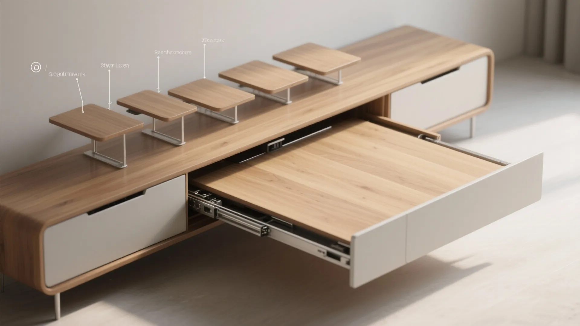 Top-down sequence of a slim console table unfolding into a 30–36 inch deep rectangular tabletop, showing mechanism and stages.